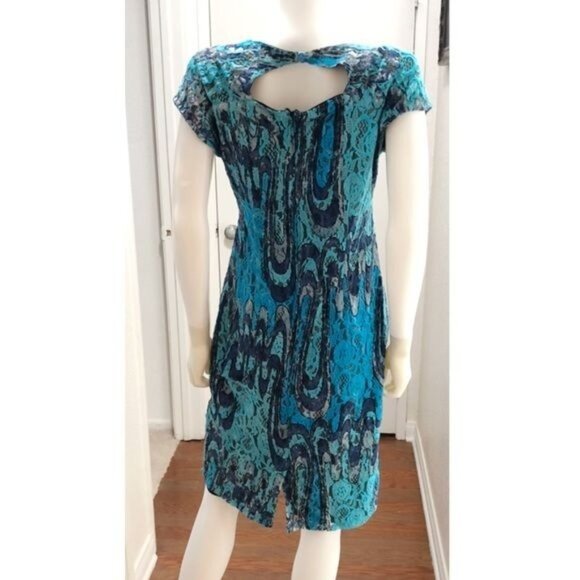 ASHRO-WOMENS LACE FULLY LINED MULTI -BLUE BACK ZIP UP CLOSURE MIDI DRESS SIZE 10 - Picture 2 of 5